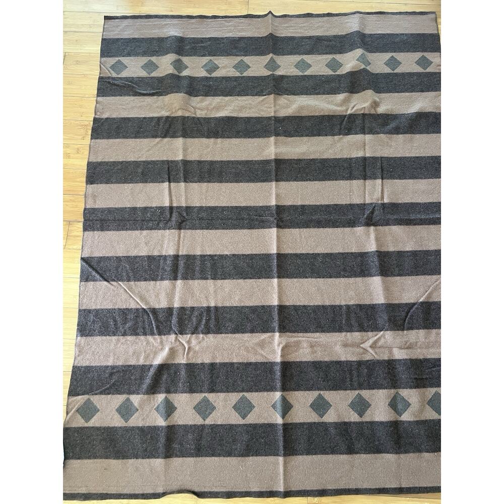 Two Tone Brown Stripe and Diamonds Reversible Wool Blend Blanket 50x65” Camping